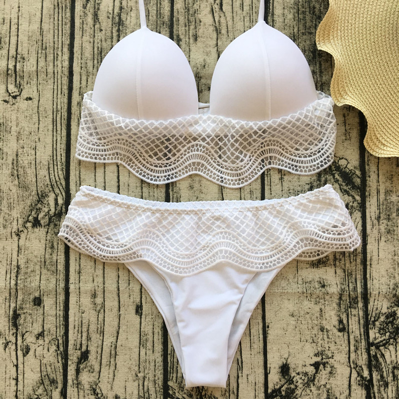 F4665-1Sexy Spaghetti Strap Sleeveless Solid Color Lace Swimwear
